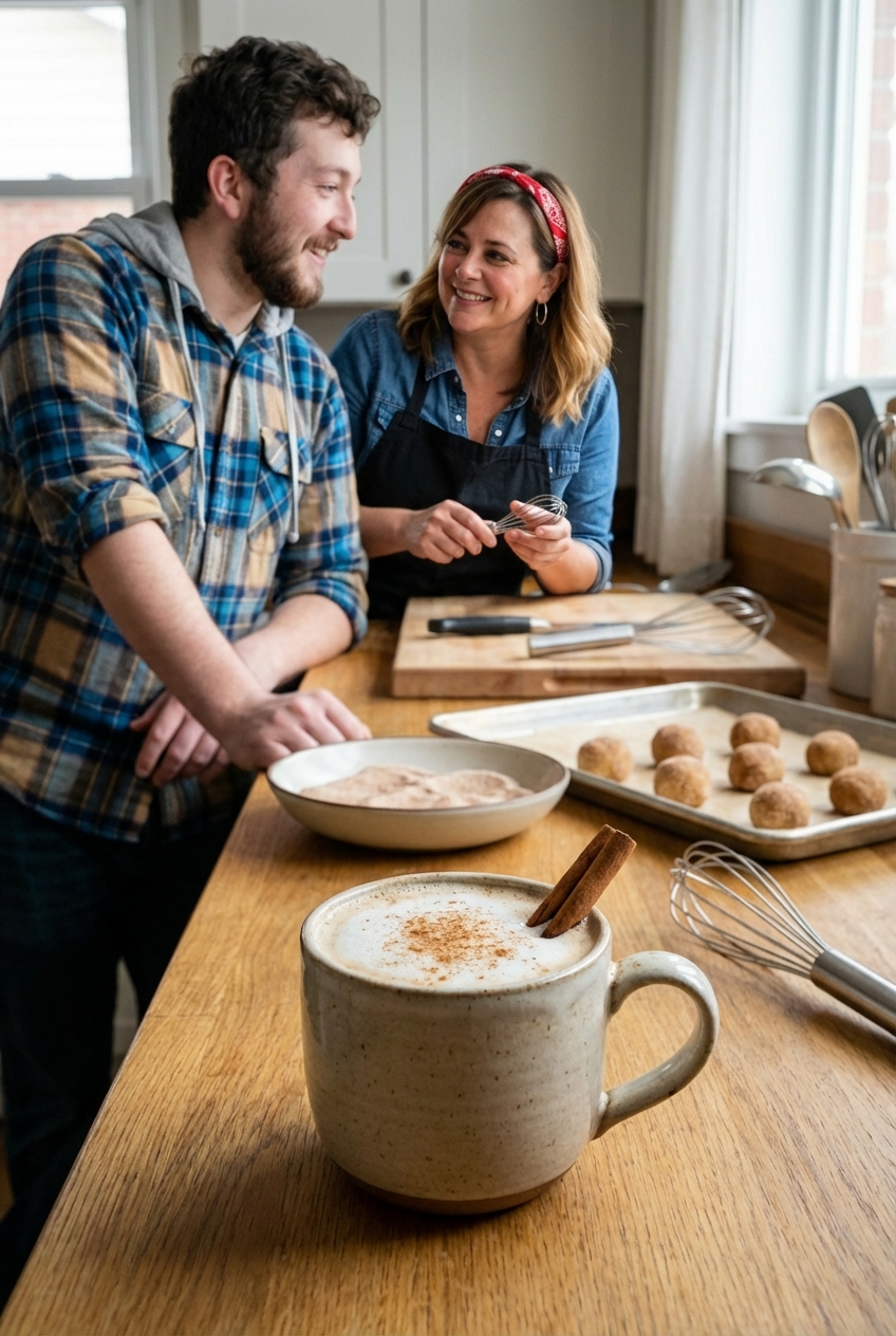 A mug of chai tea with cinnamon sticks on a cozy kitchen counter