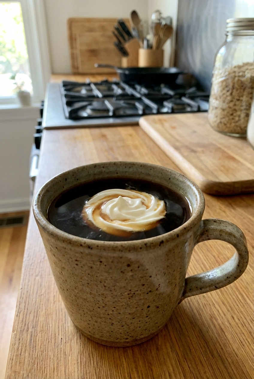 A mug of coffee with a swirl of cream on a kitchen counter