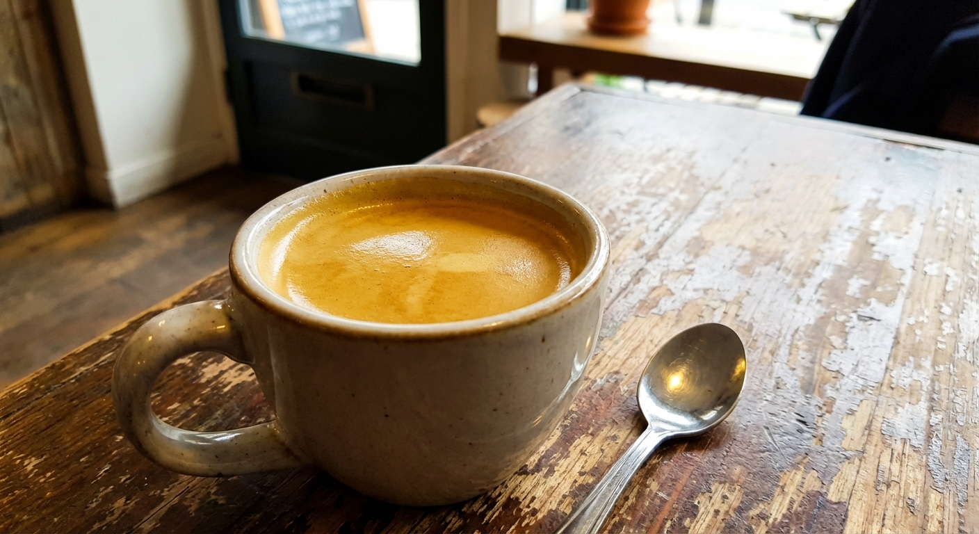 A mug of coffee with crema on top on a wooden table