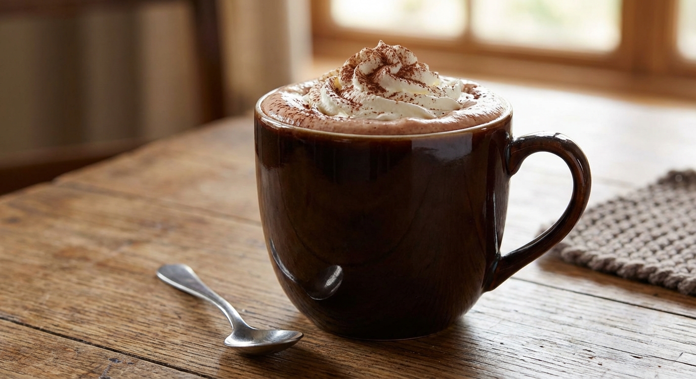A mug of creamy hot chocolate topped with whipped cream on a wooden table