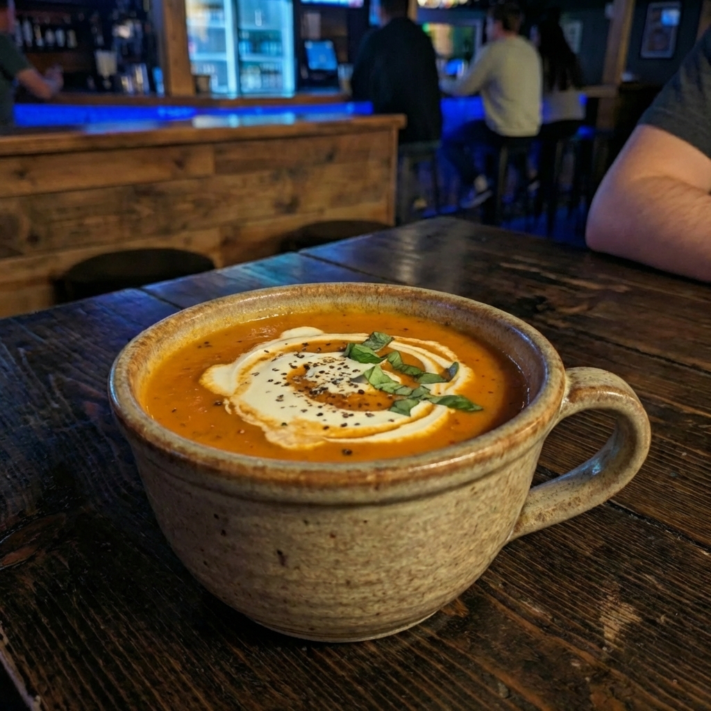 A mug of creamy tomato soup with a swirl of cream on top