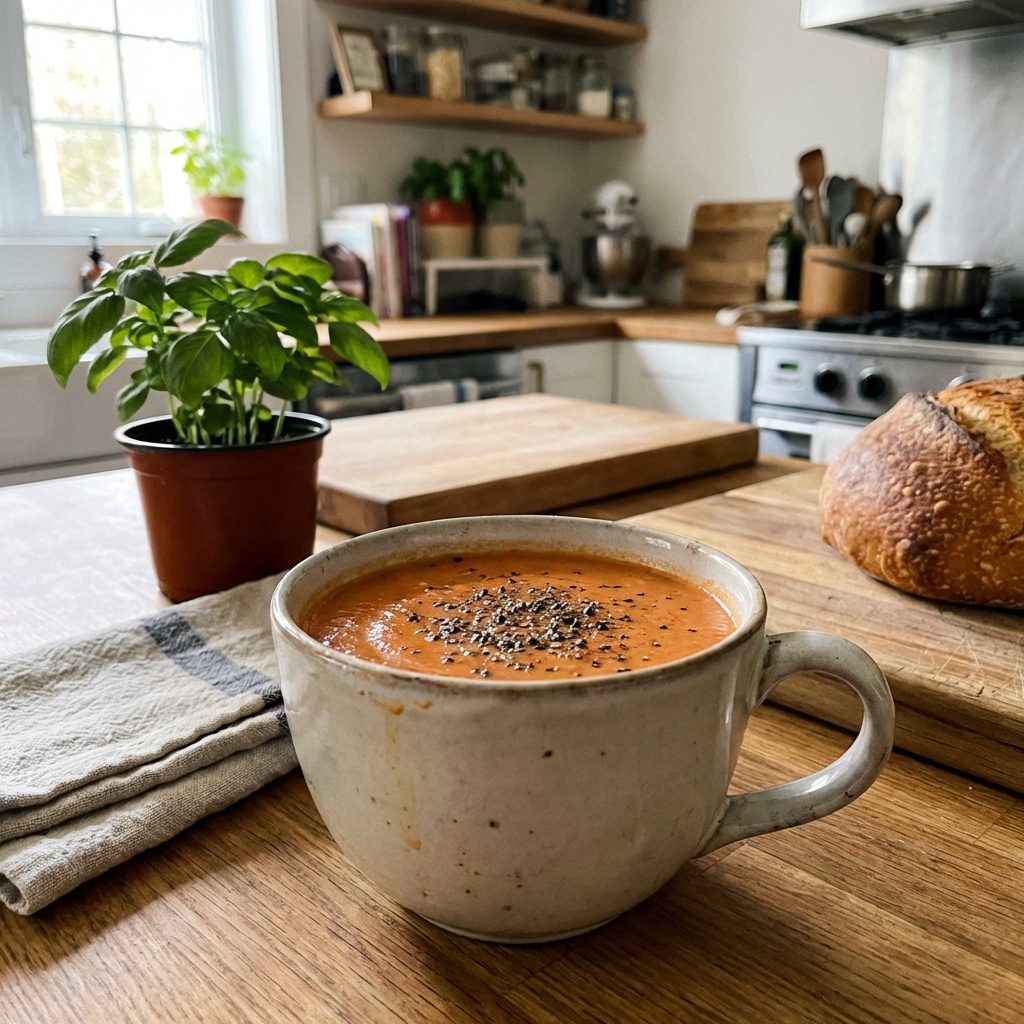 A mug of creamy tomato soup with black pepper on top on a cozy kitchen counter