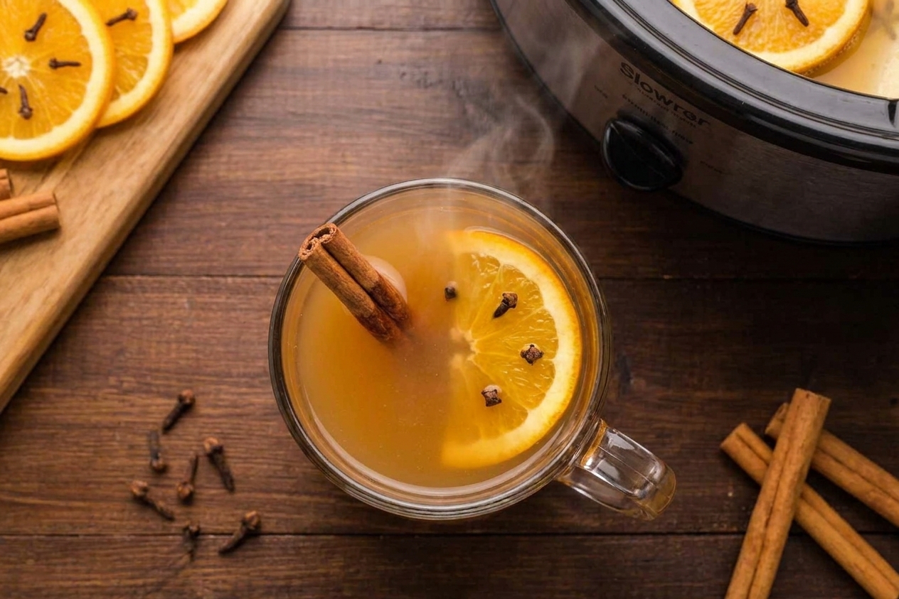 A mug of hot apple cider on a wooden table with a cinnamon stick and orange slice garnish, steam rising