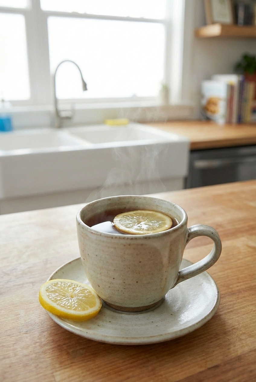 A mug of hot black tea with a lemon slice on the saucer