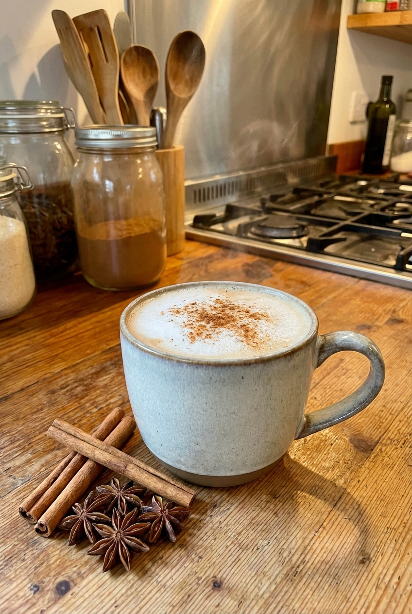 A mug of hot chai latte on a table next to cinnamon sticks
