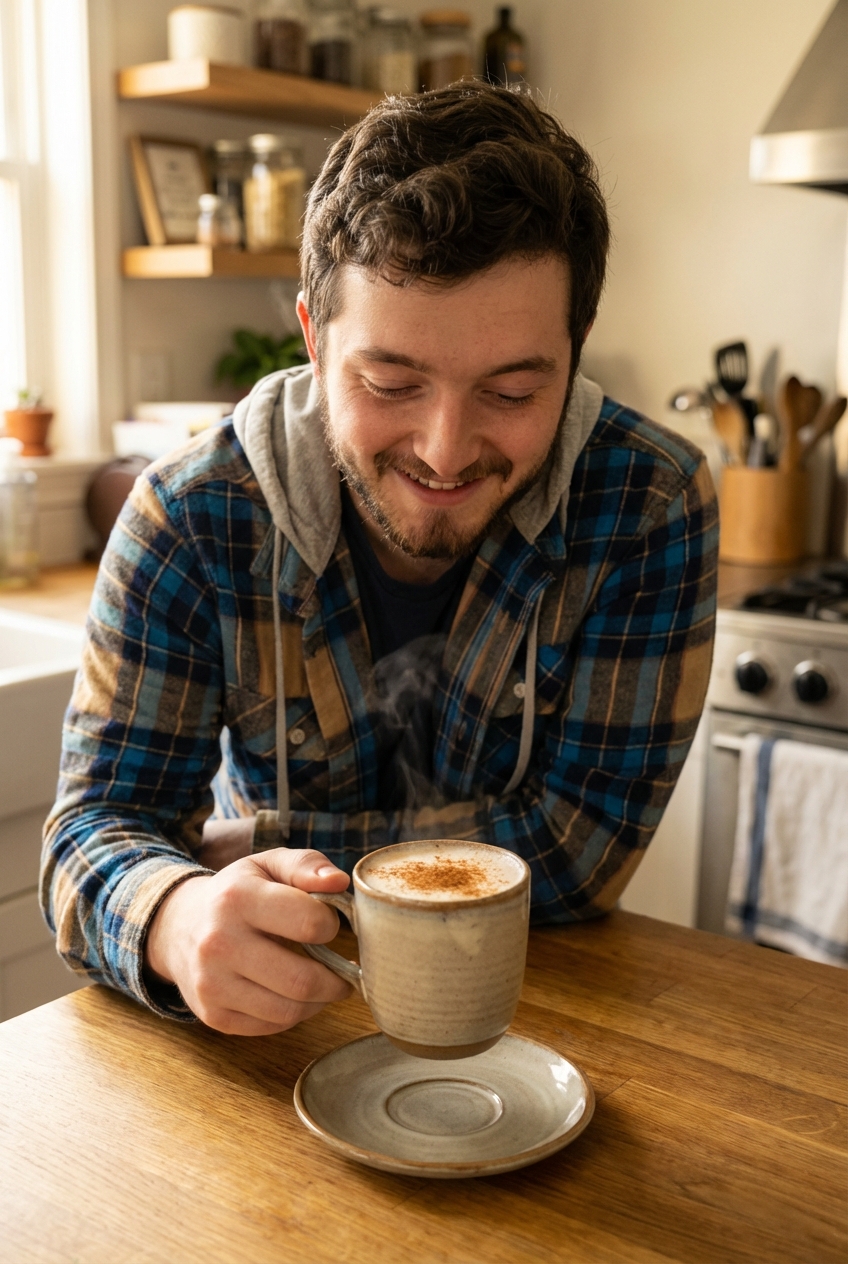 A mug of hot chai latte with cinnamon on a small saucer on a kitchen counter