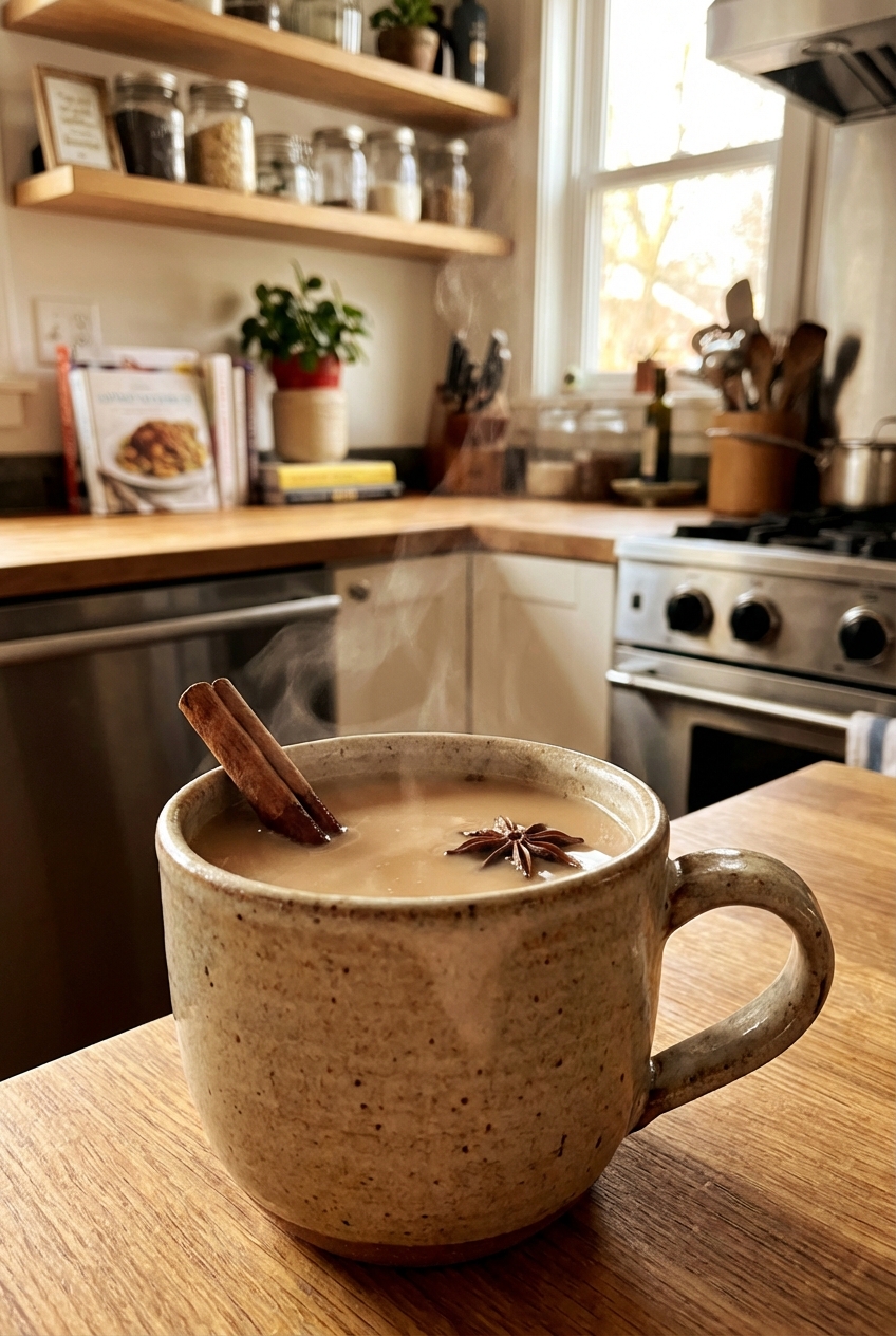 A mug of hot chai tea on a cozy kitchen counter