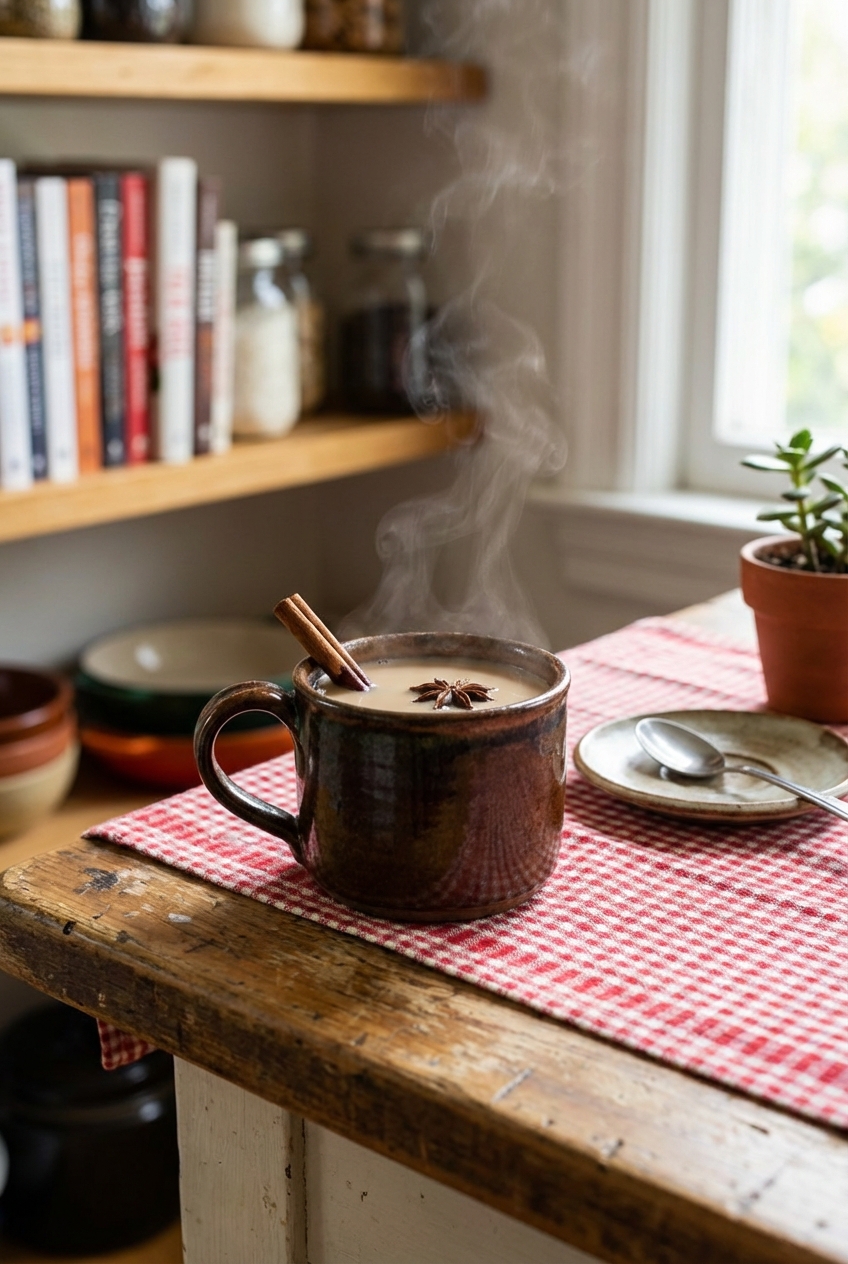 A mug of hot chai tea on a cozy kitchen table