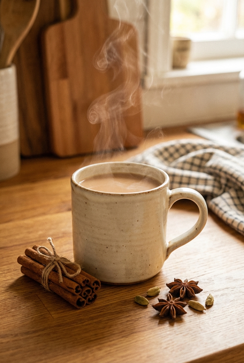 A mug of hot chai tea on a kitchen counter with cinnamon sticks beside it