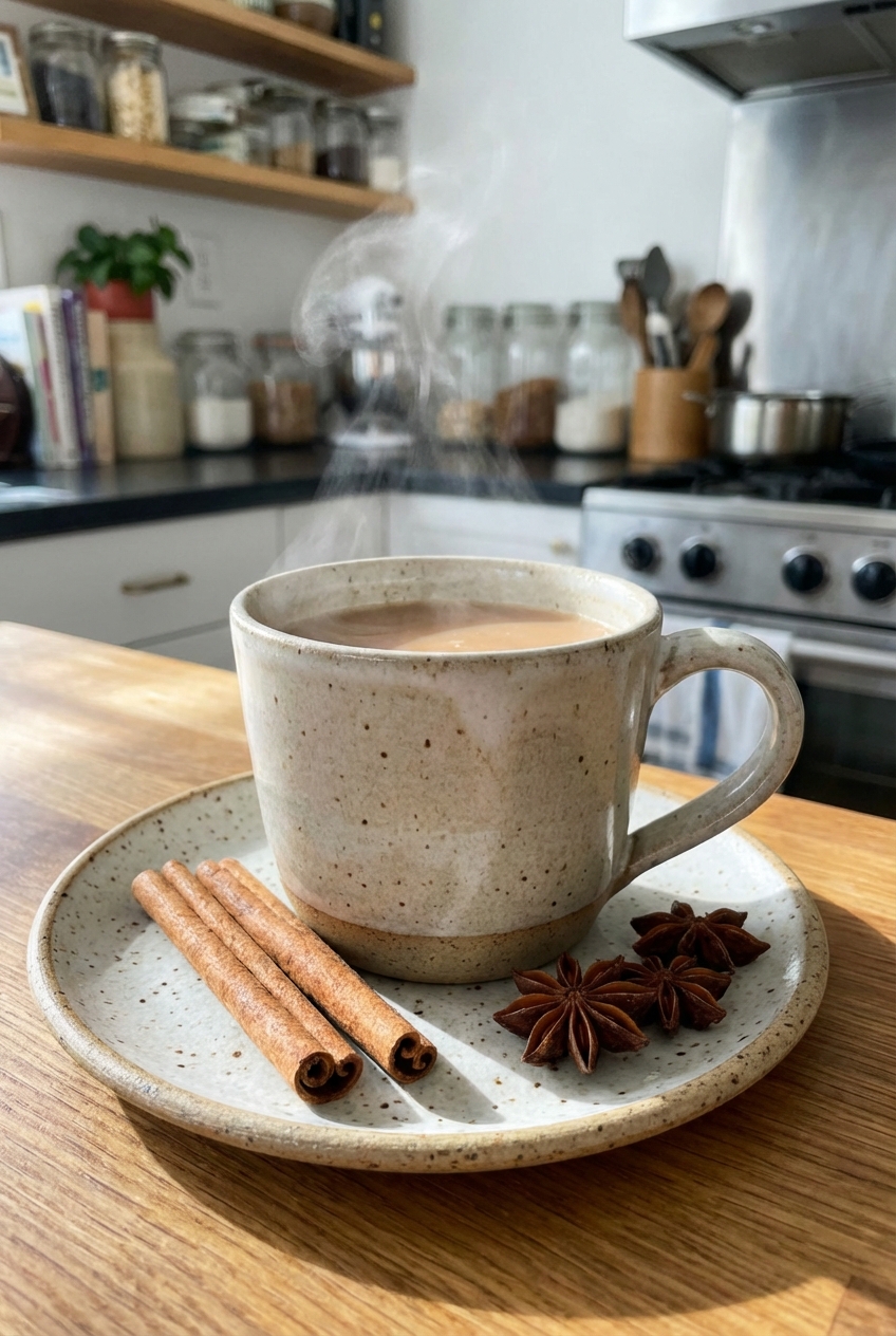 A mug of hot chai tea on a small plate with cinnamon sticks beside it