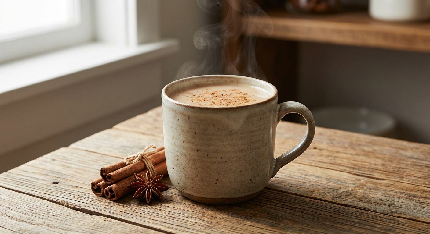 A mug of hot chai tea on a wooden table with cinnamon sticks beside it