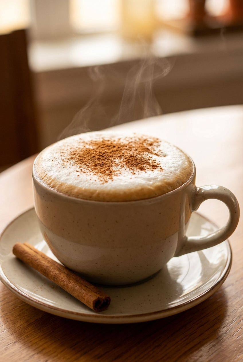 A mug of hot chai with cinnamon sprinkled on foam