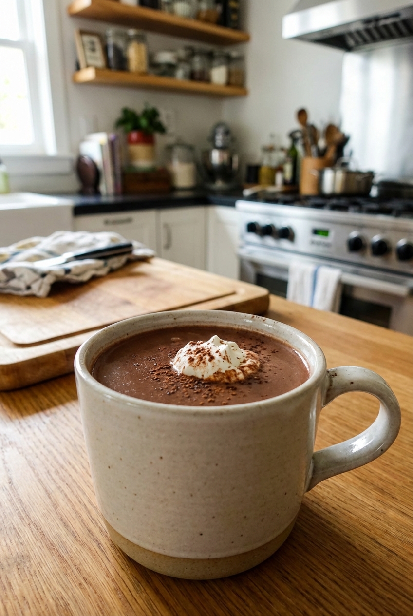 A mug of hot chocolate topped with a small swirl of whipped cream on a kitchen counter