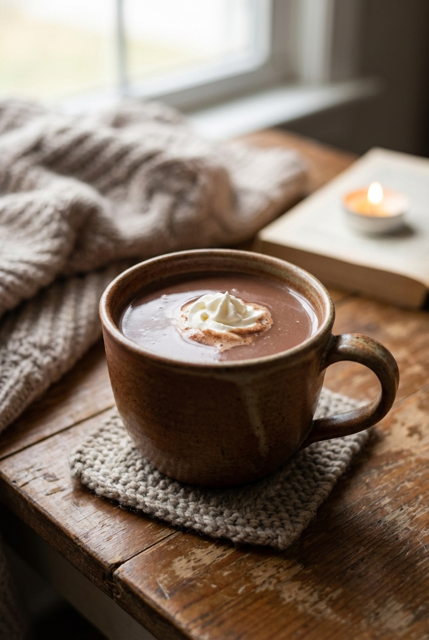 A mug of hot chocolate topped with a small swirl of whipped cream on a cozy table