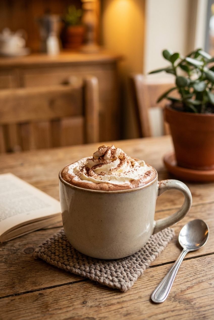 A mug of hot chocolate topped with whipped cream on a cozy table