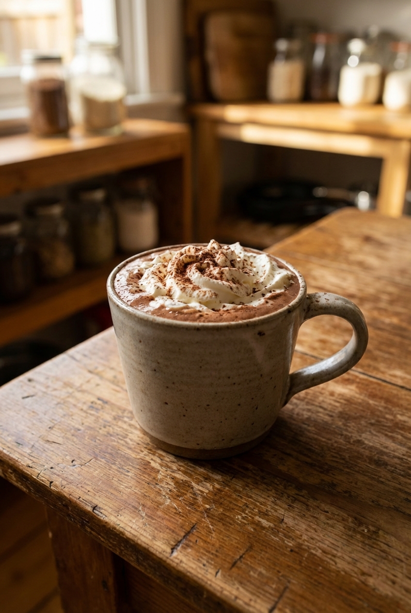 A mug of hot chocolate topped with whipped cream on a wooden table