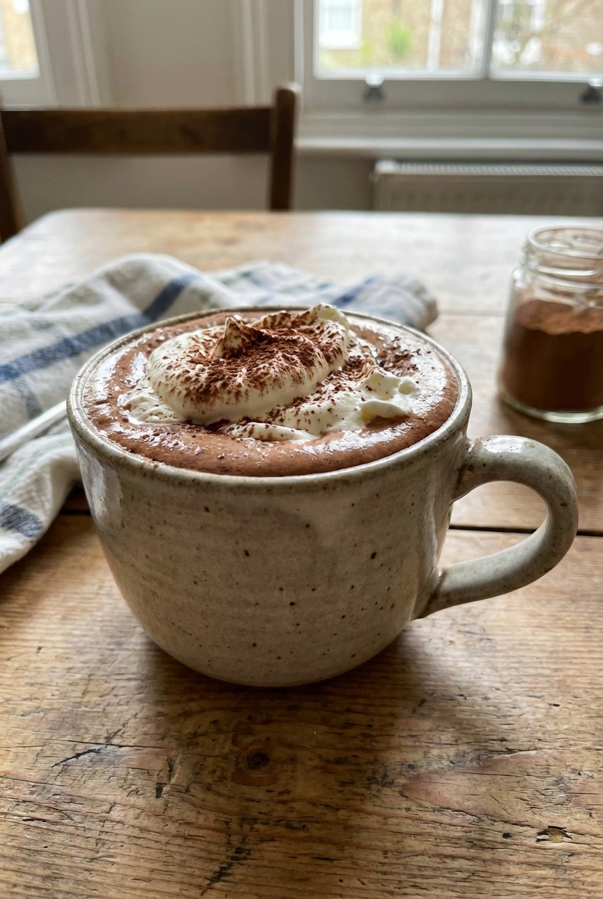 A mug of hot chocolate topped with whipped cream on a wooden table
