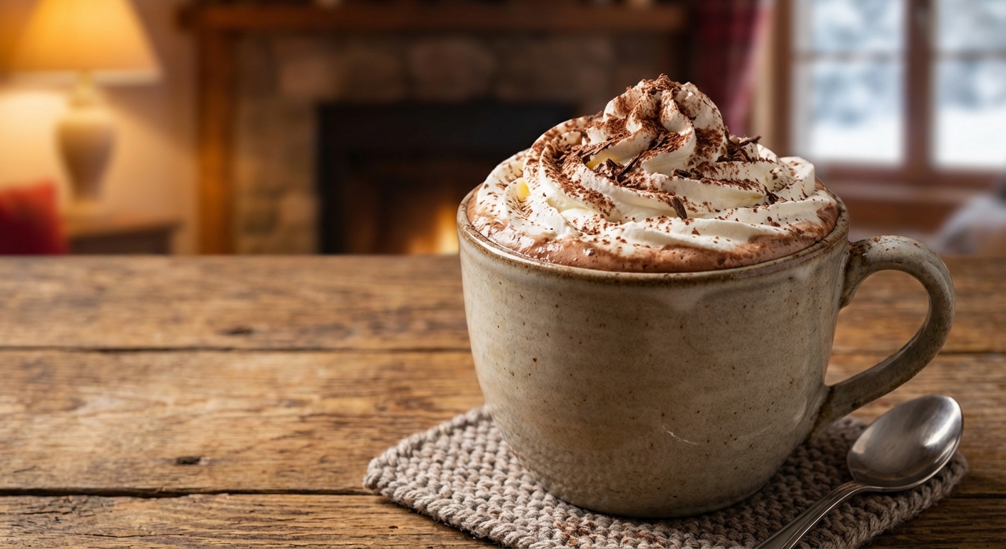 A mug of hot chocolate topped with whipped cream on a wooden table