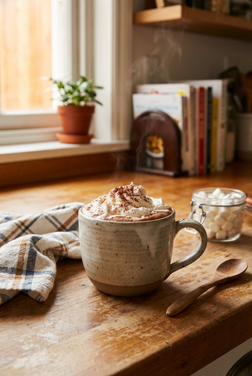 A mug of hot chocolate topped with whipped cream on a cozy kitchen counter