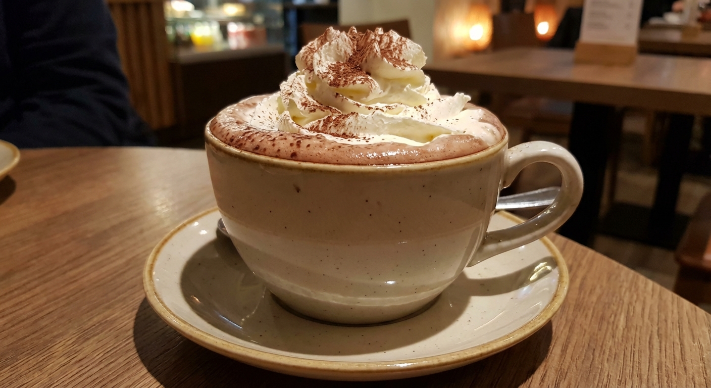 A mug of hot chocolate topped with whipped cream on a small saucer