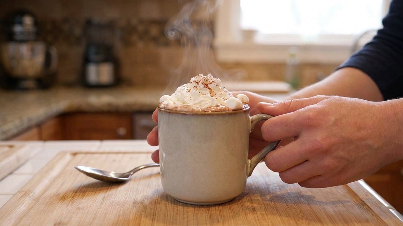 A mug of hot chocolate topped with whipped cream on a wooden table with a spoon beside it