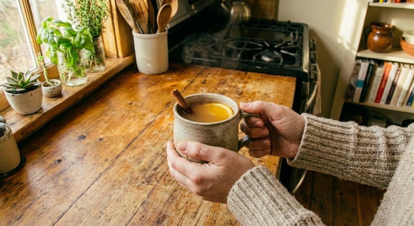 A mug of hot cider with a cinnamon stick on a kitchen counter