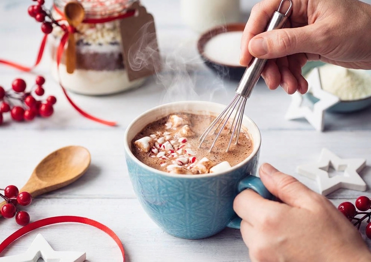 A mug of hot cocoa being whisked as steam rises
