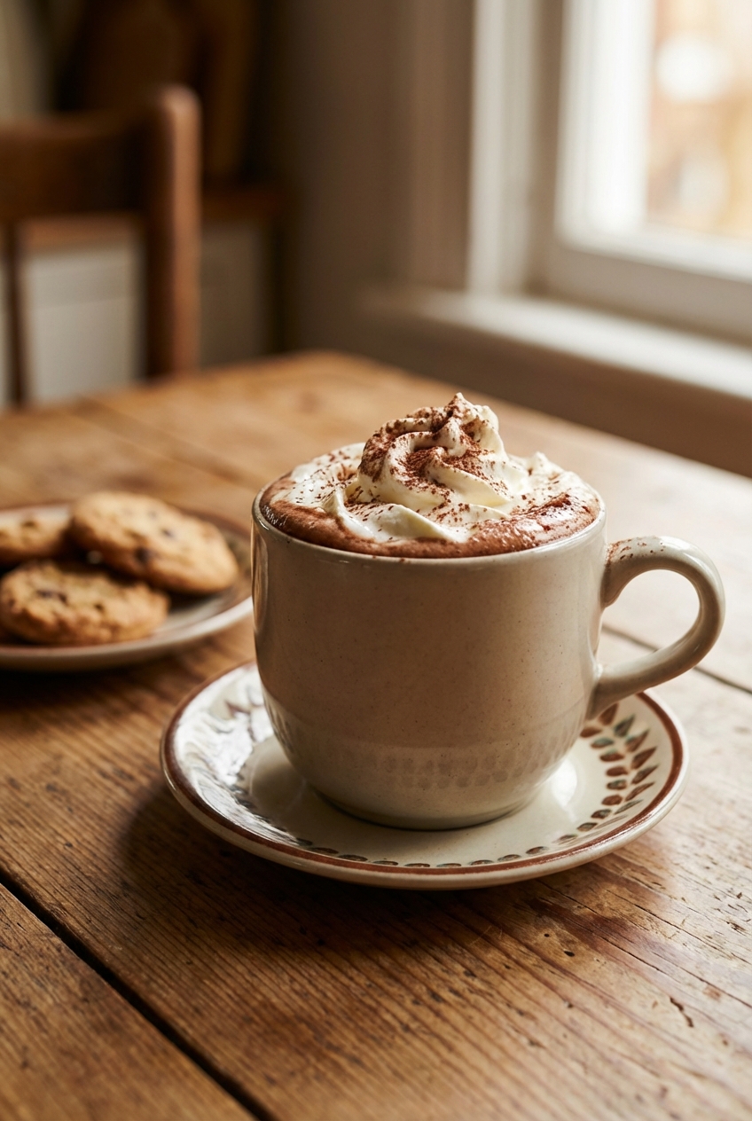 A mug of hot cocoa topped with whipped cream on a small plate