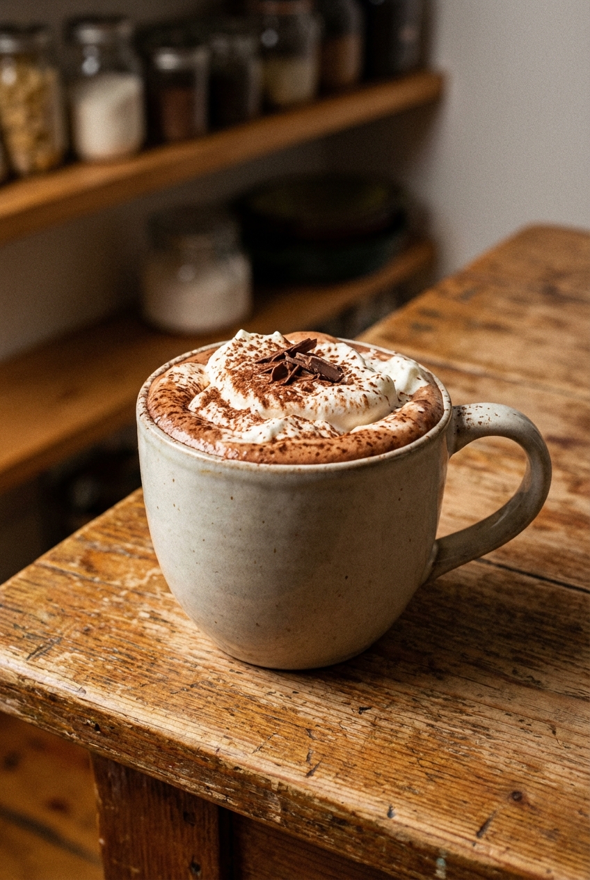 A mug of hot cocoa topped with whipped cream on a wooden table