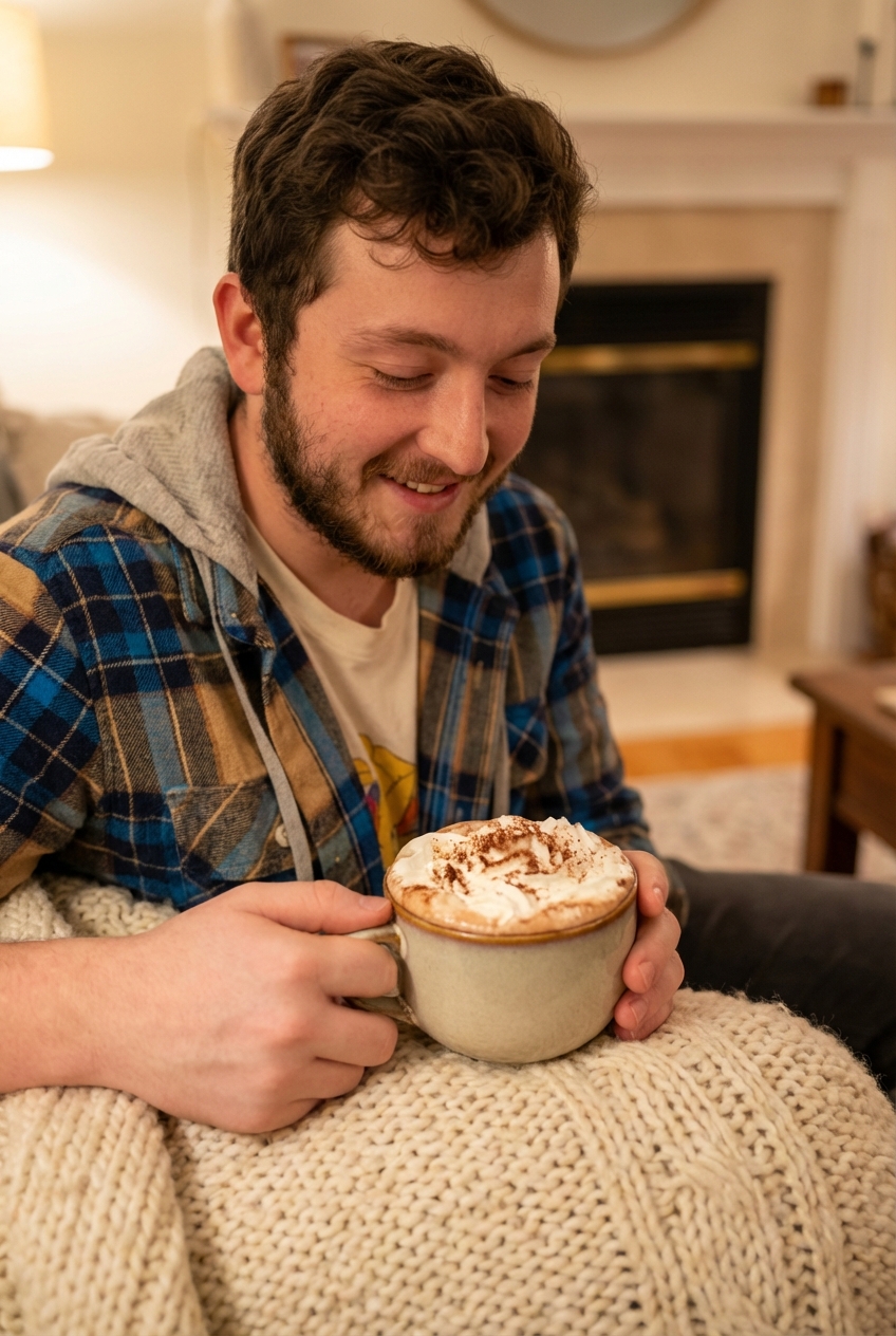 A mug of hot cocoa topped with whipped cream on a cozy blanket