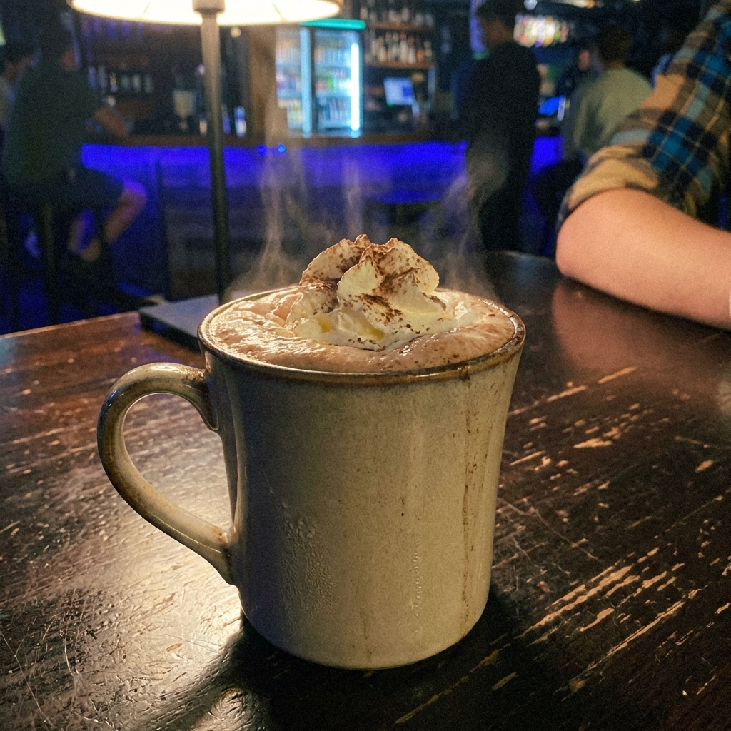 A mug of hot cocoa with whipped cream on a wooden table