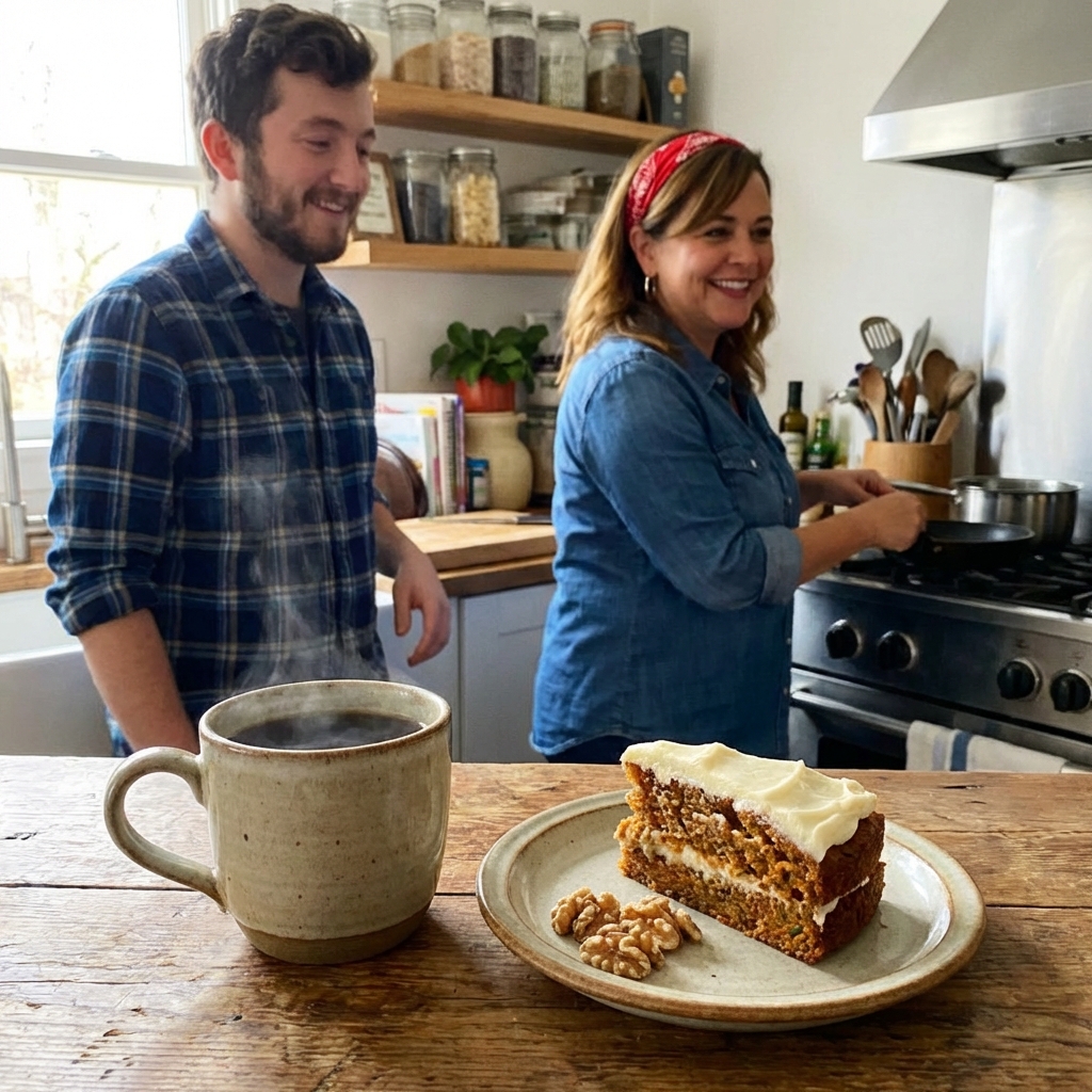 A mug of hot coffee beside a small plate with a slice of carrot cake