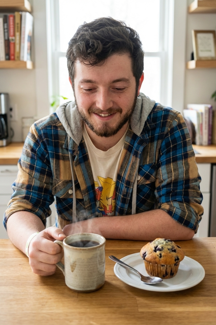 A mug of hot coffee next to a muffin on a small plate
