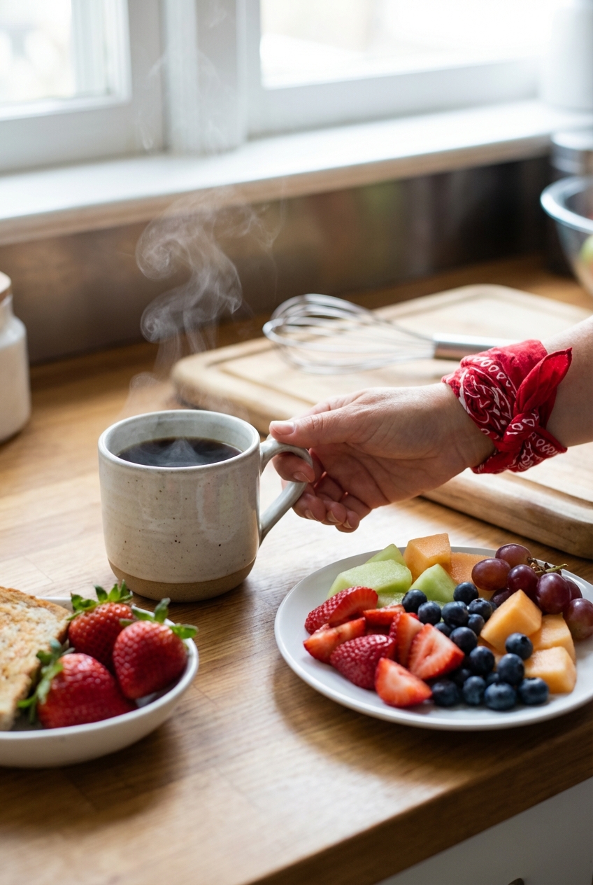 A mug of hot coffee next to a plate of fresh fruit