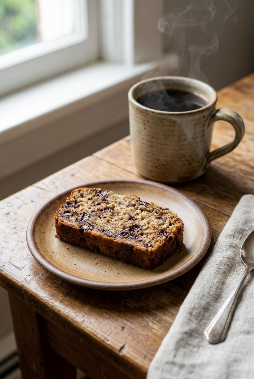 A mug of hot coffee next to a slice of banana chocolate chip loaf on a small plate