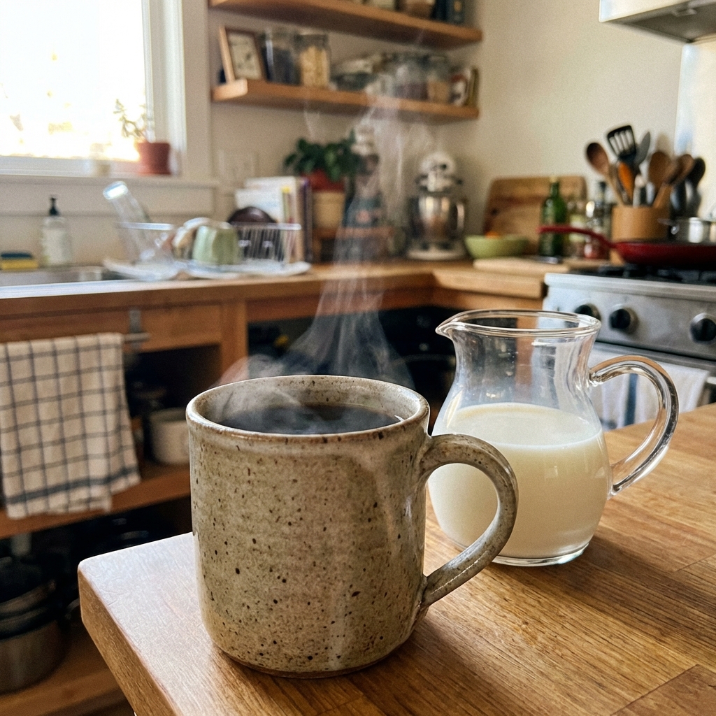 A mug of hot coffee next to a small pitcher of milk on a kitchen counter