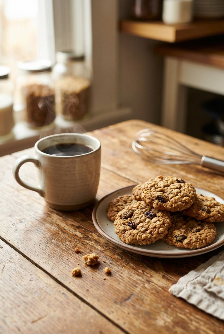 A mug of hot coffee next to a small plate of oatmeal cookies on a wooden table