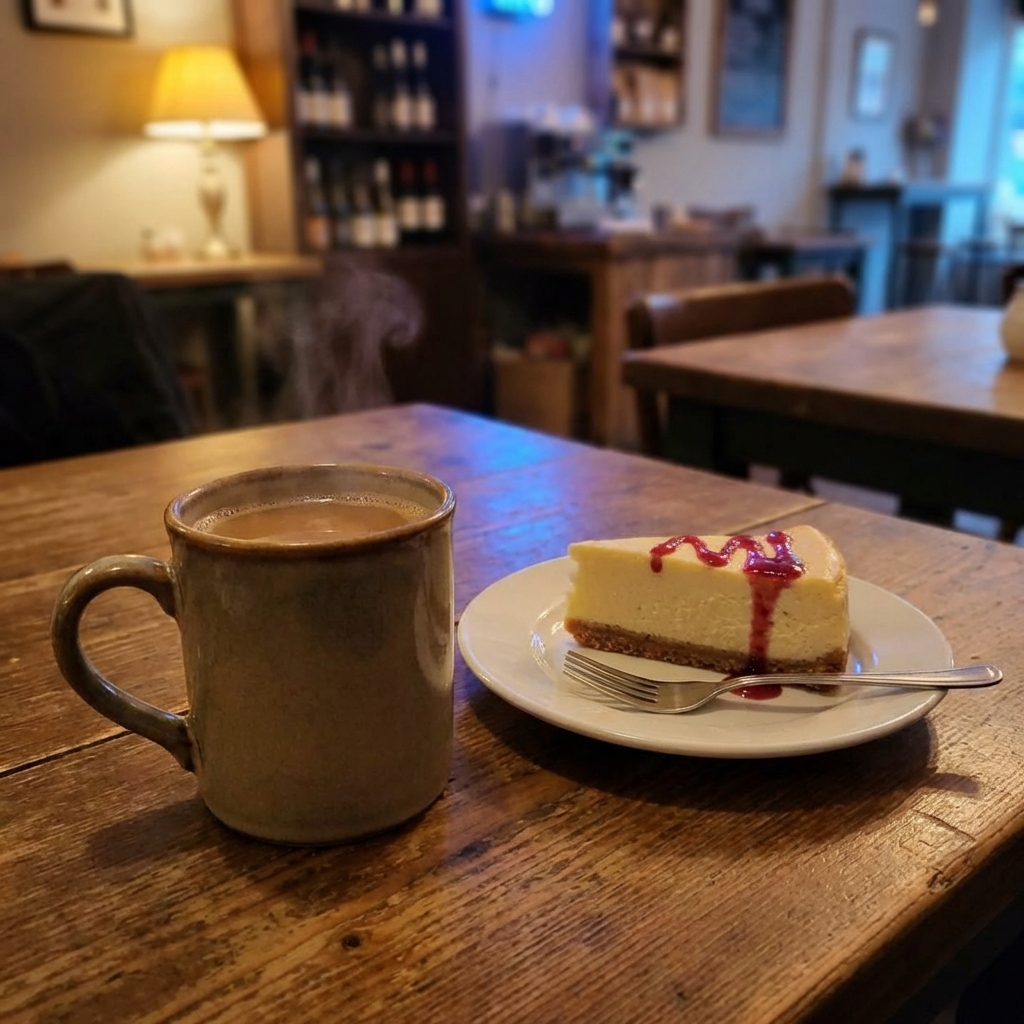 A mug of hot coffee next to a small plate with a slice of cheesecake