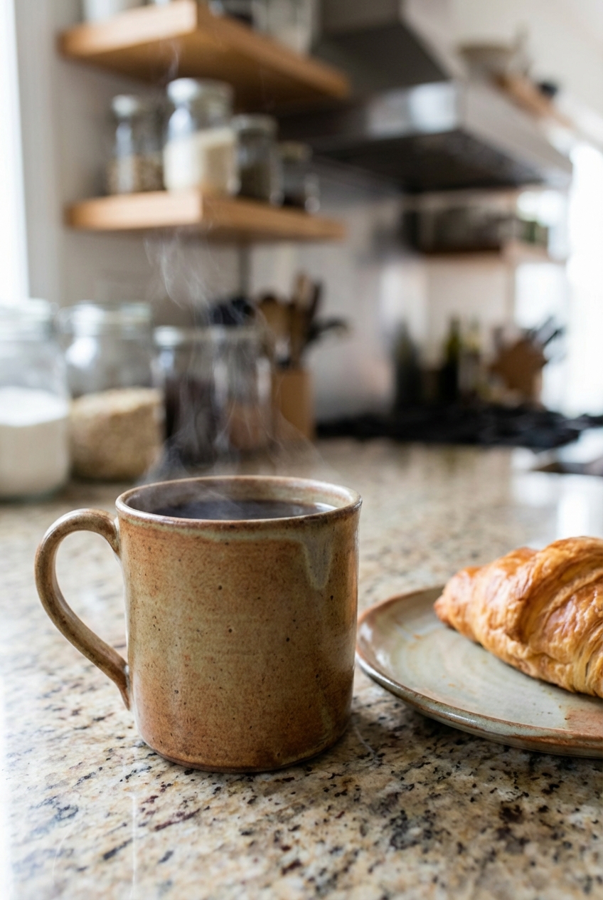 A mug of hot coffee next to a small plate