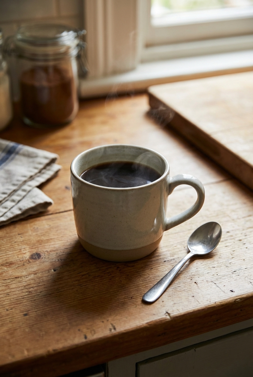 A mug of hot coffee next to a spoon