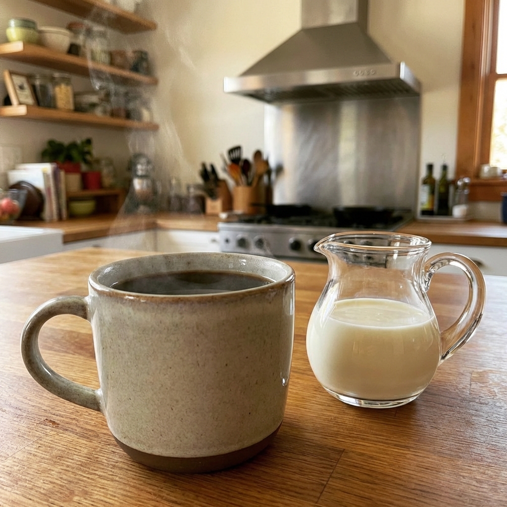 A mug of hot coffee on a countertop next to a small pitcher of cream
