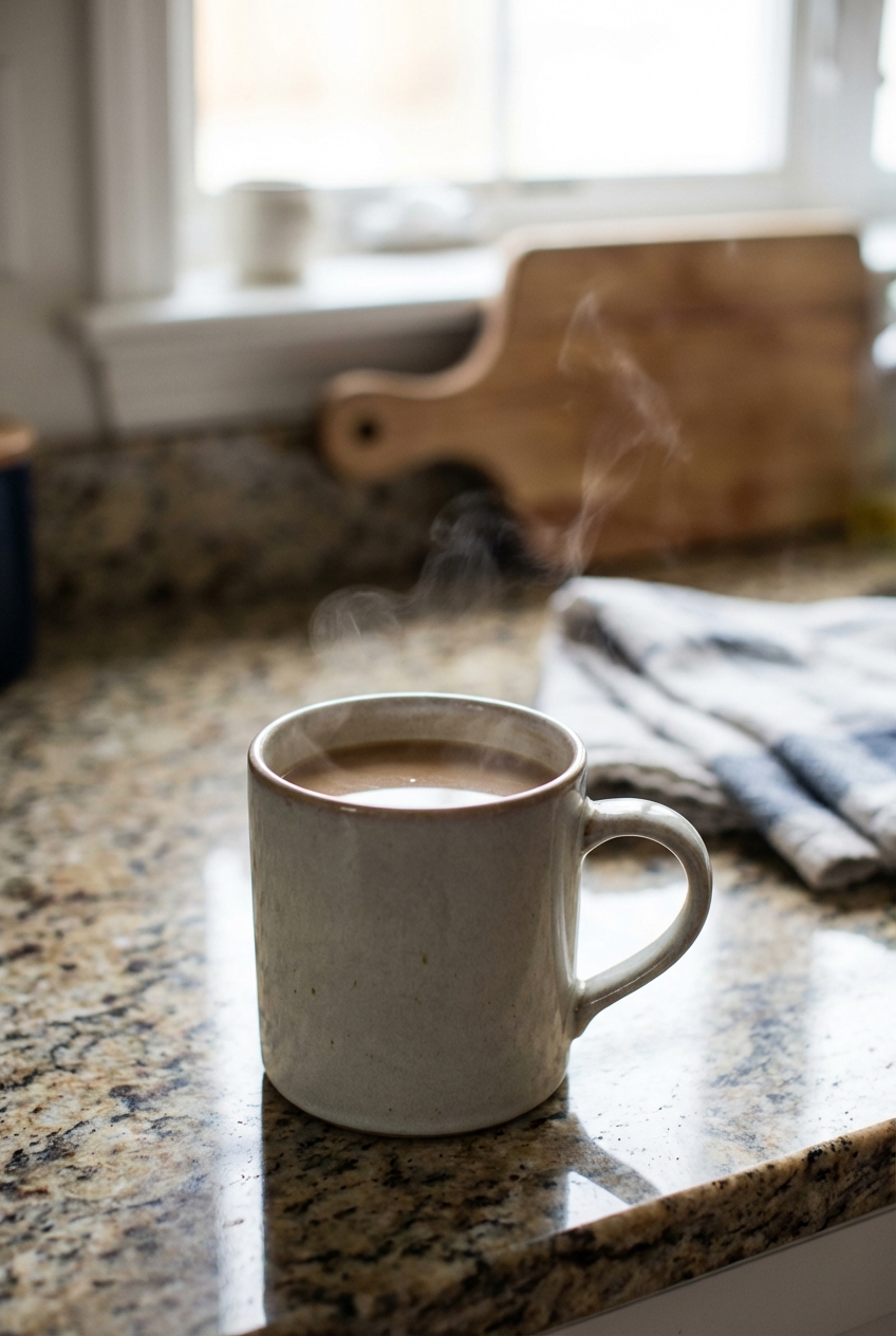 A mug of hot coffee on a kitchen counter