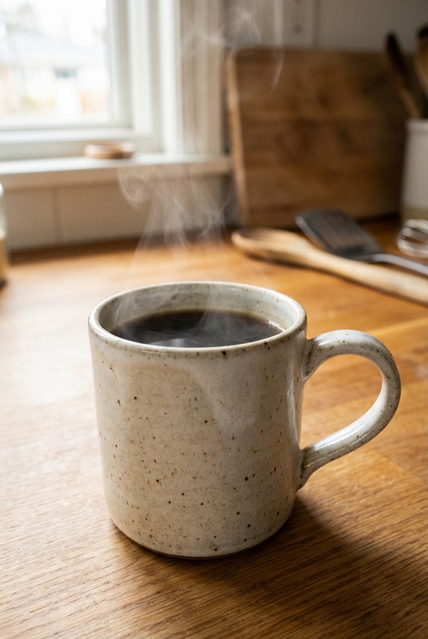 A mug of hot coffee on a kitchen counter