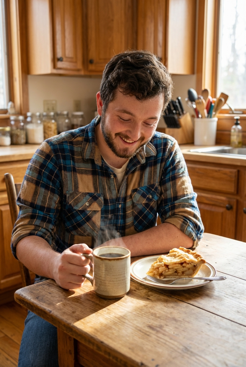 A mug of hot coffee on a kitchen table next to a slice of pie