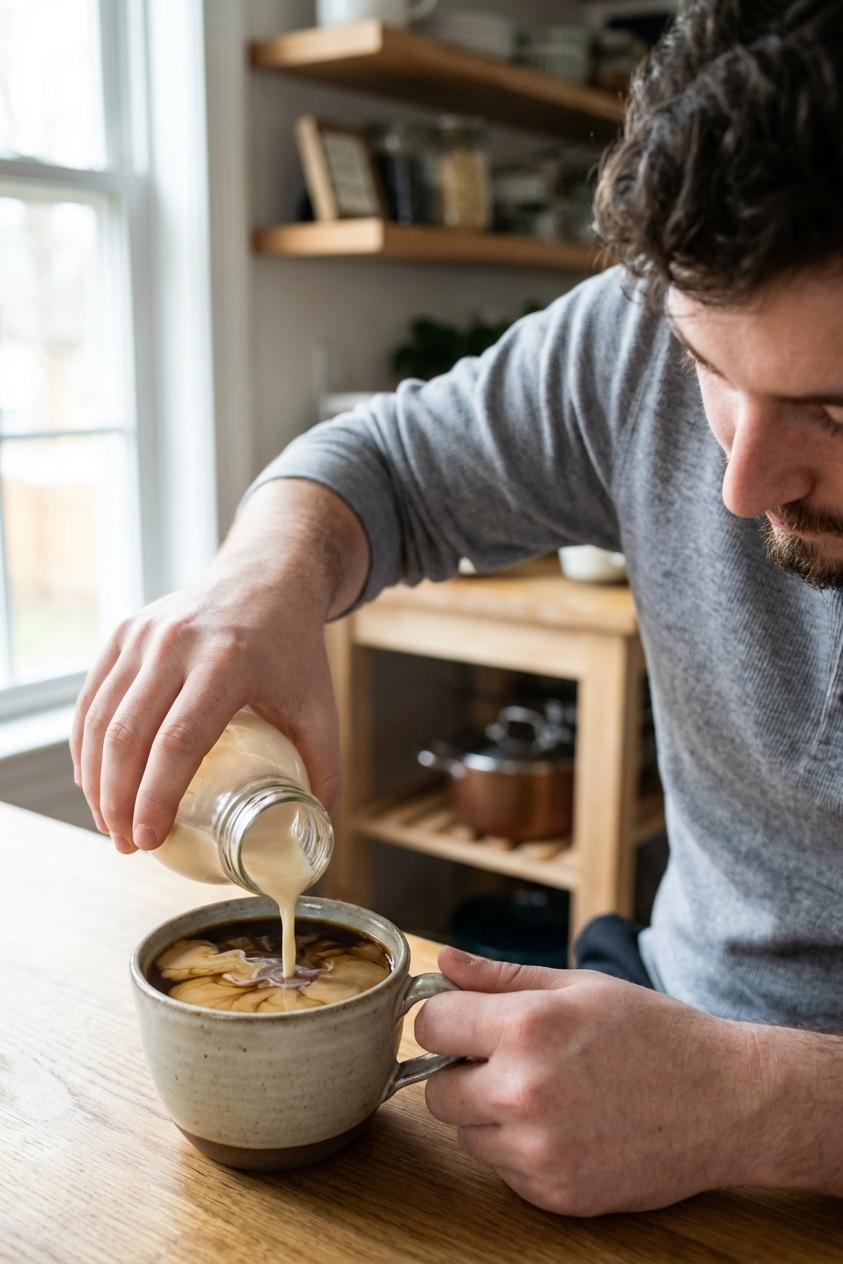 A mug of hot coffee on a kitchen table with a small pour of Irish cream being added, creating pale swirls in the coffee, close-up, natural morning light, photorealistic