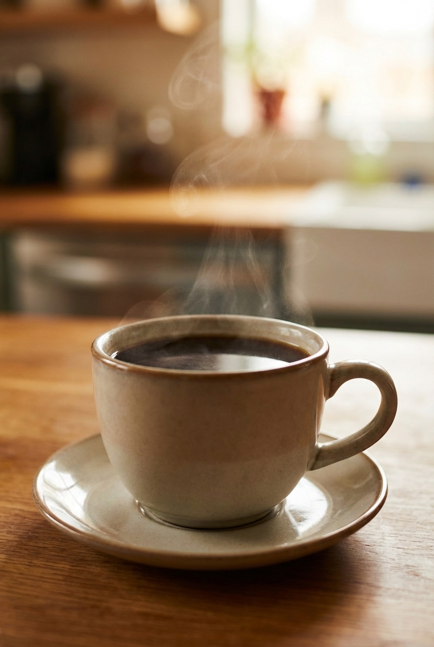 A mug of hot coffee on a saucer with light steam rising
