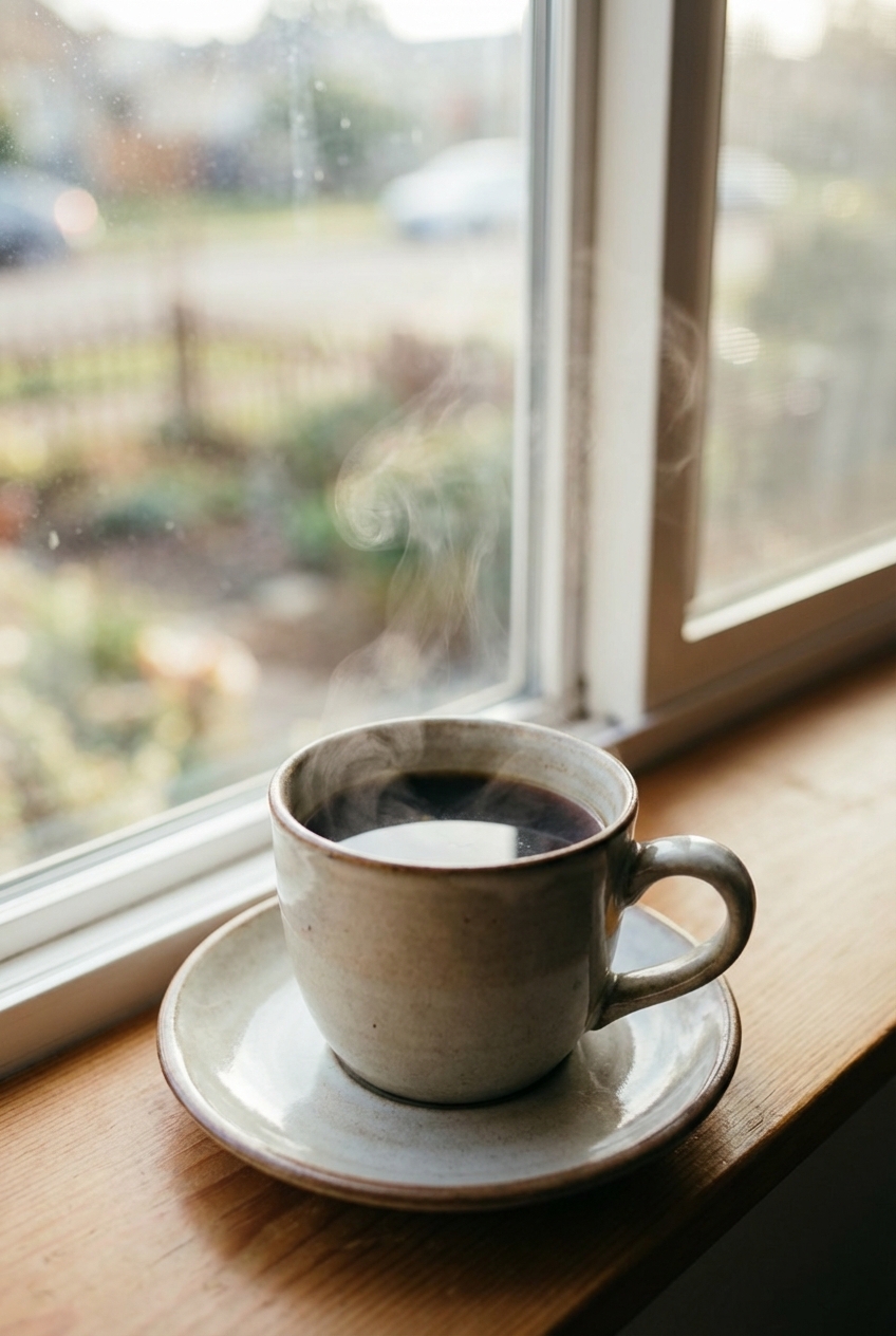 A mug of hot coffee on a saucer with steam rising near a window