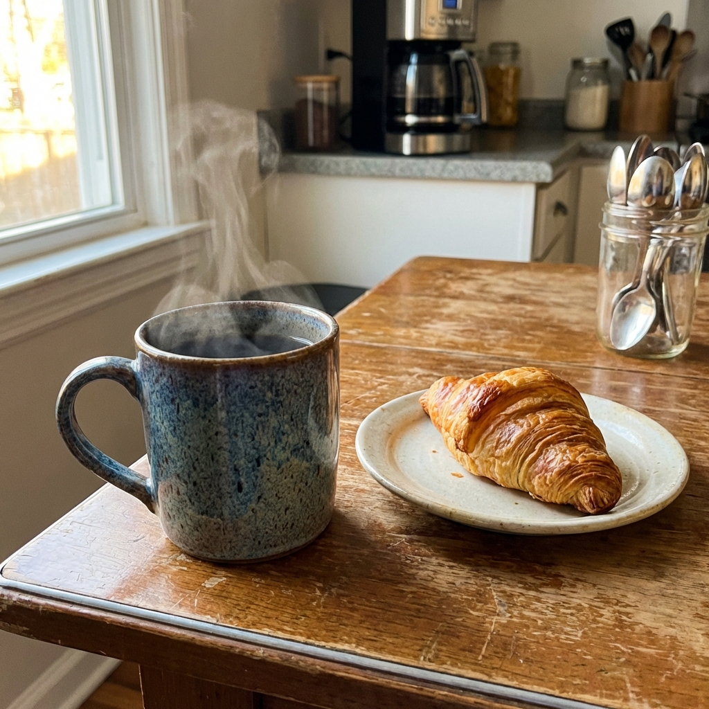 A mug of hot coffee on a table next to a small plate