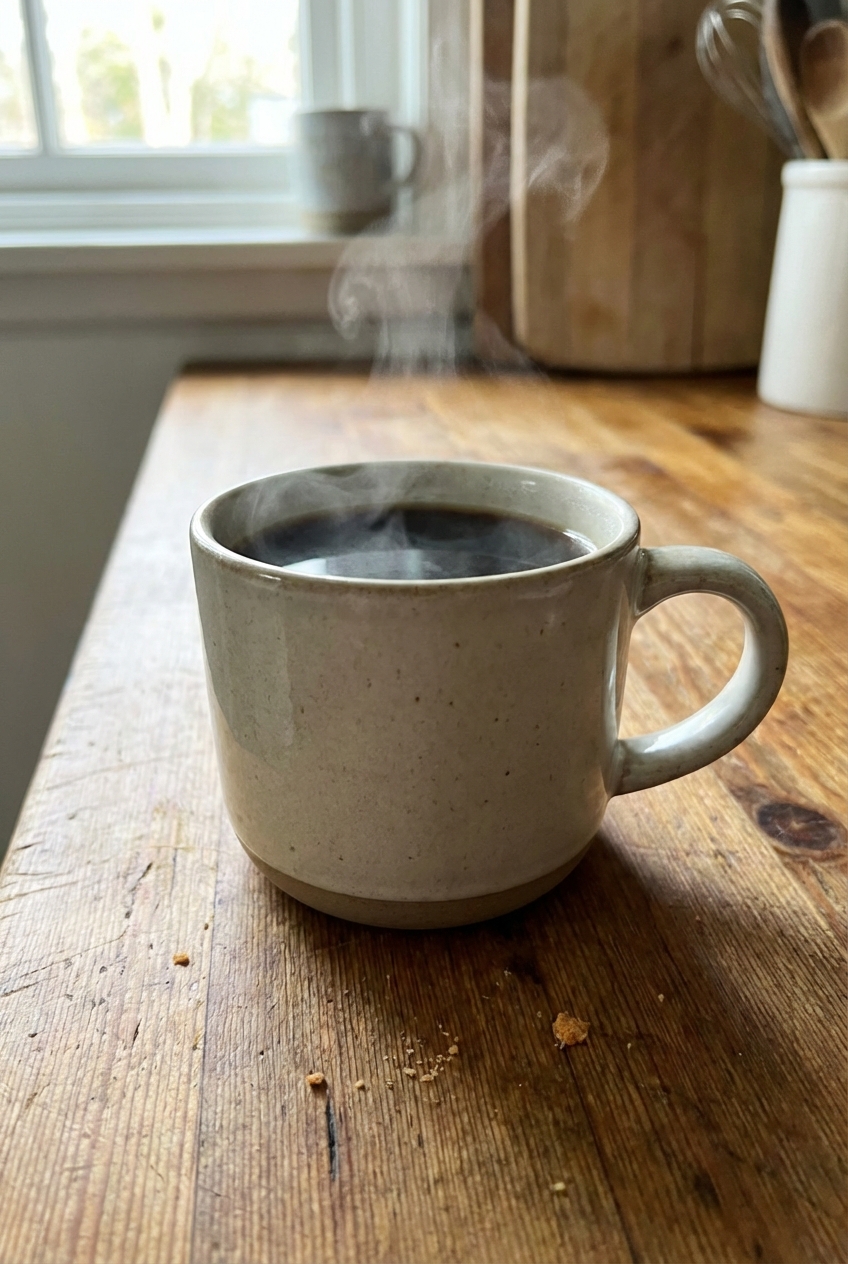 A mug of hot coffee on a wooden counter