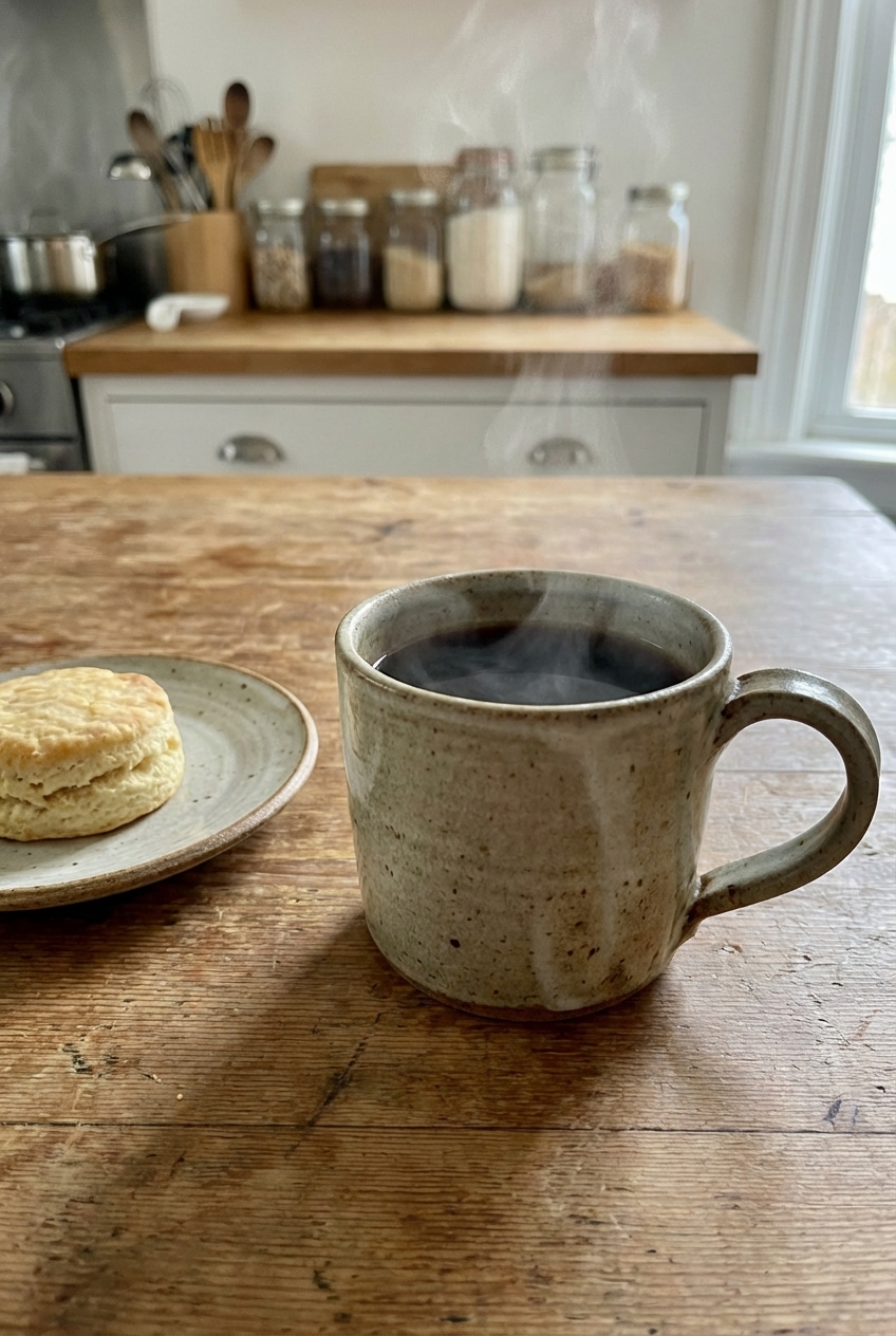 A mug of hot coffee on a wooden table next to a small plate